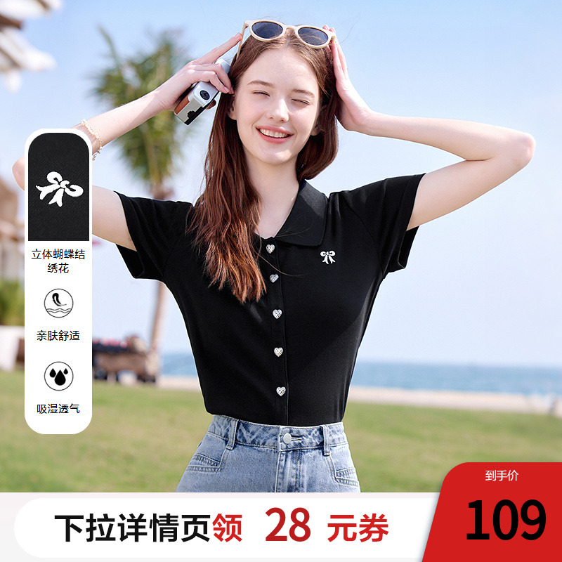 betu百图黑色小香风蝴蝶结Polo领T恤女2025年夏季新款短袖上衣