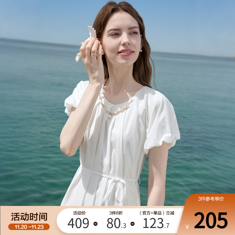 betu百图白色泡泡袖气质连衣裙女2025年夏季新款白月光初恋裙子