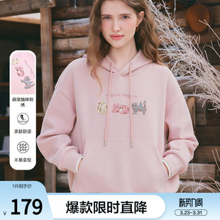 厚 加绒插兜帽衫 betu百图粉色猫咪刺绣连帽卫衣女2025年冬季 新款