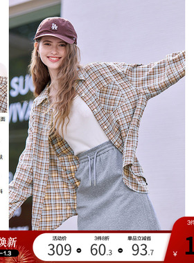 betu百图英伦风橙色格子衬衫女2025年秋季新款长袖气质衬衣外套