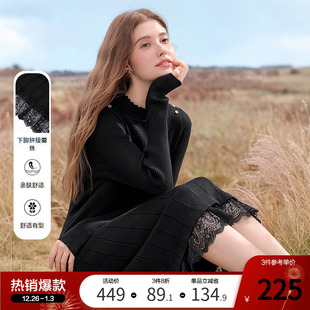 蕾丝边打底裙 新款 betu百图法式 花边半高领针织连衣裙2025年秋季