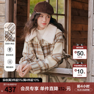 betu百图毛领牛角扣格子毛呢外套女2025年冬季新款加厚呢子大衣