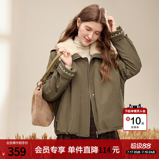 betu百图军绿色拼接毛领加厚棉衣外套女2025年冬季新款保暖棉袄