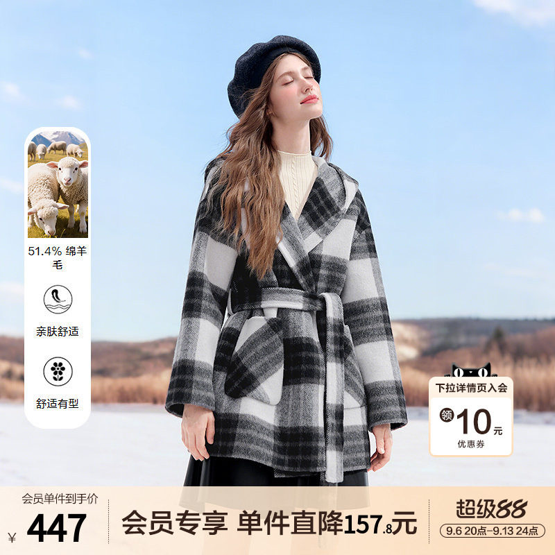 betu百图黑白格羊毛双面呢外套女2025年冬季新款中长款呢子大衣