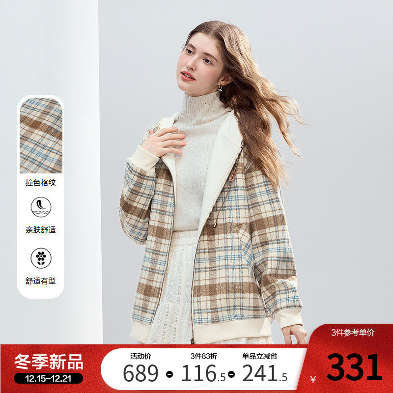 betu百图复古学院风格子连帽外套女2025年冬季新款加绒拉链夹克