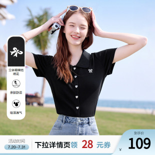 betu百图黑色小香风蝴蝶结Polo领T恤女2025年夏季 上衣 新款 短袖