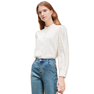 百图法式镂空蕾丝花边立领衬衫女长袖春秋新款泡泡袖气质衬衣上衣