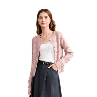 betu百图粉色小香风针织开衫女2025年秋季新款薄款圆领毛衣外套