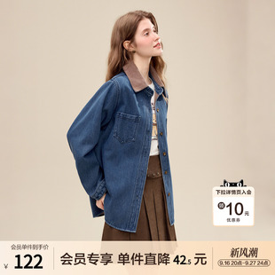 betu百图复古蓝色牛仔衬衣女长袖2025年冬季新款加绒衬衫外套