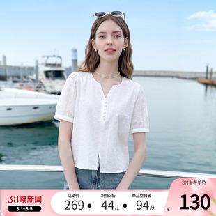 betu百图法式镂空刺绣V领衬衫女短袖2025年夏季新款纯棉白衬衣