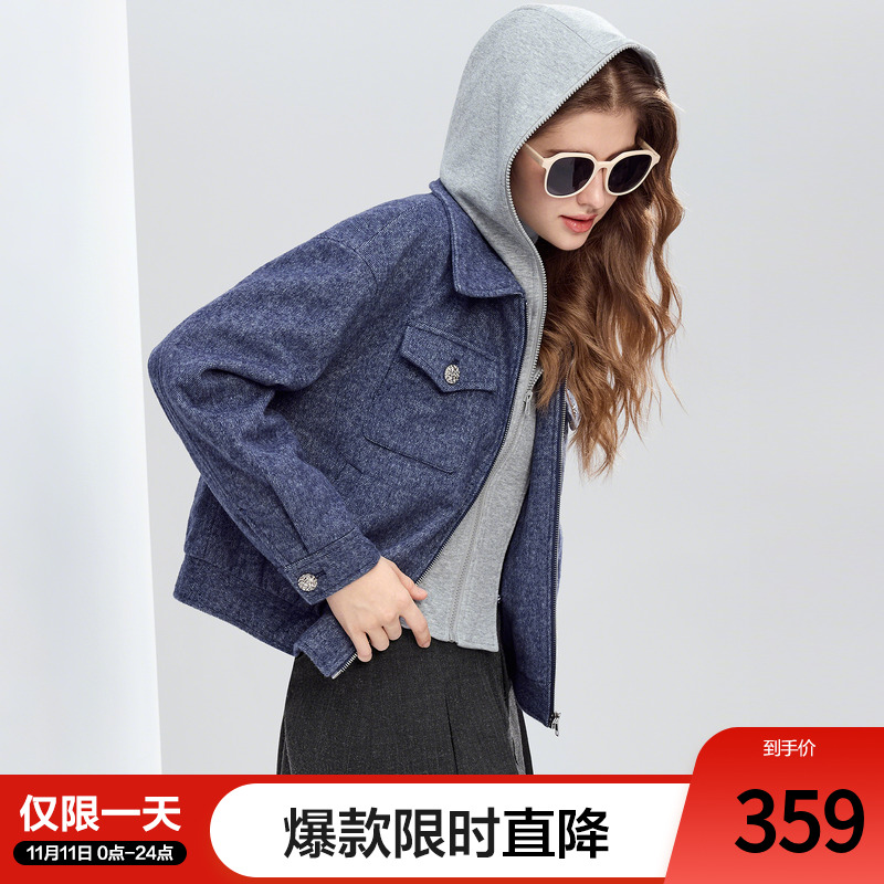 betu百图撞色假两件连帽短款外套女2025年冬季新款羊毛拉链夹克