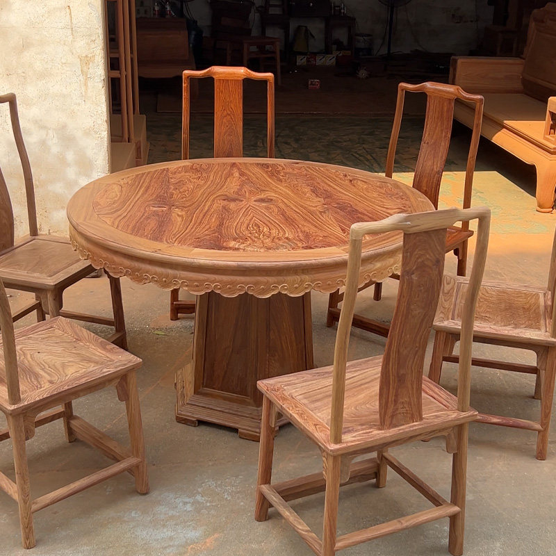 红木家具刺猬紫檀圆餐桌椅组合中式家用圆台花梨木吃饭桌餐厅桌子
