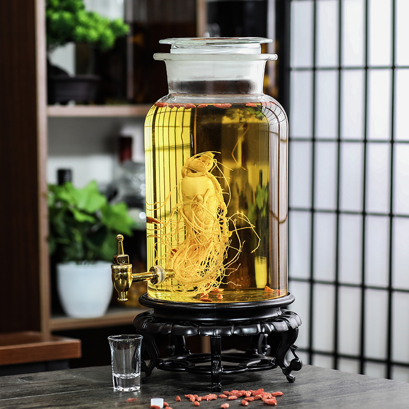 磨砂口广口泡酒瓶子带底座加厚透明容器高硼硅带龙头20斤家用酒坛