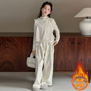女童韩系套装2025秋冬女孩蕾丝拼接马甲三件套加绒直筒裤子