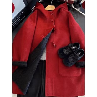 儿童连帽中长款 女童2025双面呢子大衣冬季 新年外套 鸿运当头