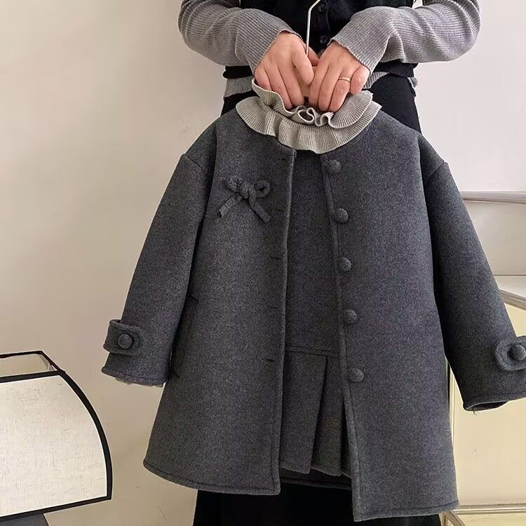 女童加绒羊毛呢子大衣+背心裙套装25年冬年货儿童中长款小香外套