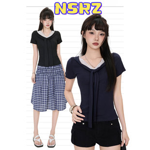 辣妹上衣 NSRZ纯欲蕾丝V领披肩正肩短袖 t恤女夏夏季 设计感修身 短款