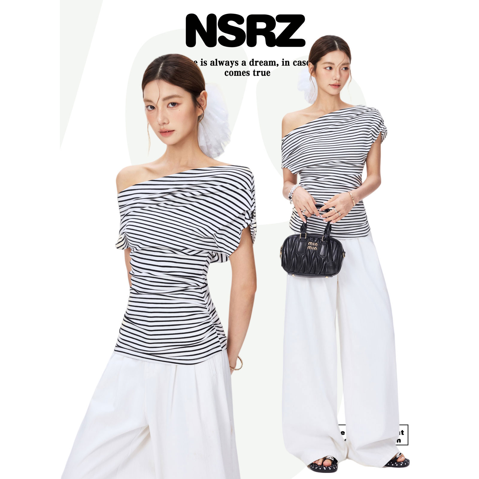 NSRZ美式夏季黑色条纹斜肩T恤衫女ins内搭休闲短袖收腰辣妹风上衣