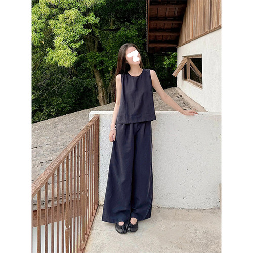 Drawdream 老钱风简约圆领无袖背心上衣女夏季宽松休闲阔腿裤套装
