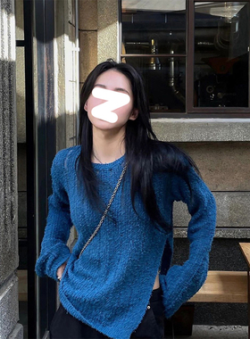 Drawdream 蓝色镂空圆领长袖针织衫女秋季不规则开叉宽松时髦上衣