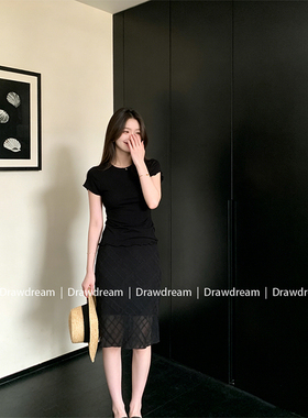 Drawdream 轻熟御姐气质短袖T恤女高腰菱格网纱拼接半身裙两件套