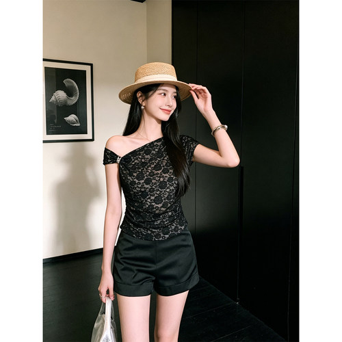 Drawdream 辣妹风斜肩蕾丝短袖T恤女夏季不对称收腰显瘦百搭上衣