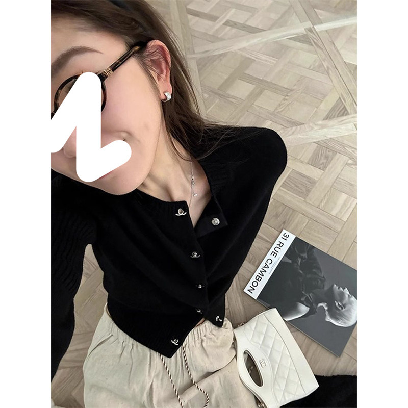 Drawdream 当天发 小香风黑色单排扣针织开衫女休闲百搭短款上衣