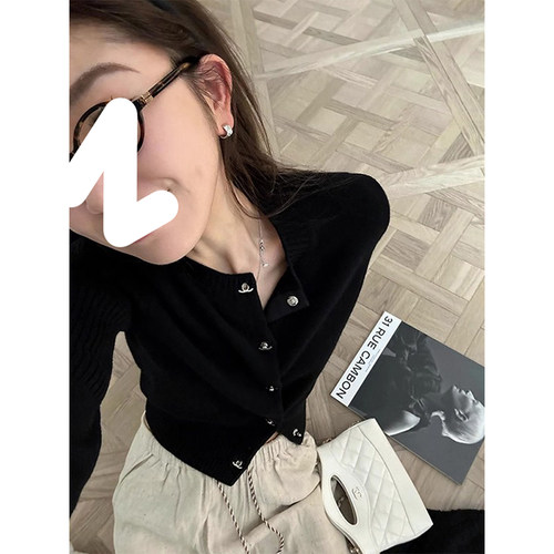 Drawdream 当天发 小香风黑色单排扣针织开衫女休闲百搭短款上衣