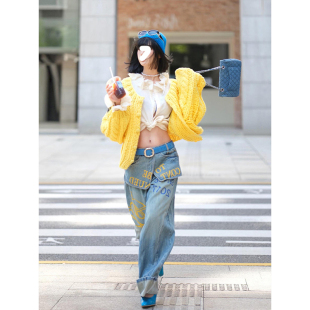 Drawdream 高级感黄色手工编织针织开衫女装廓形宽松显白毛衣外套