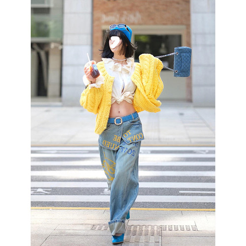 Drawdream 高级感黄色手工编织针织开衫女装廓形宽松显白毛衣外套
