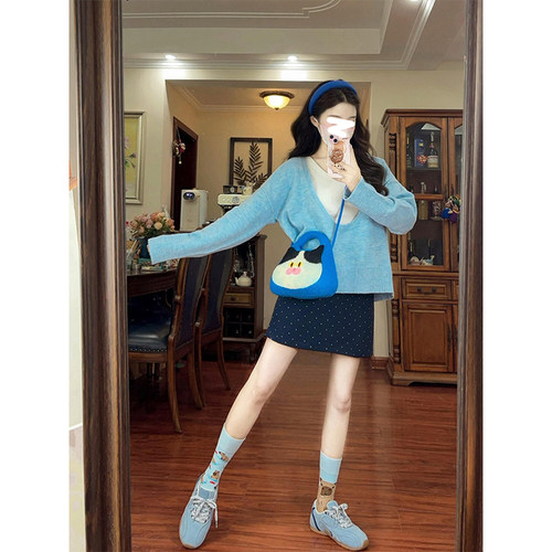 Drawdream 韩版甜美风U领长袖针织罩衫女秋季休闲百搭背心两件套