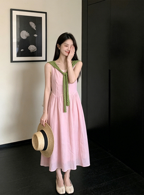 Drawdream 法式度假风粉色无袖连衣裙女夏季时尚气质显瘦中长裙子