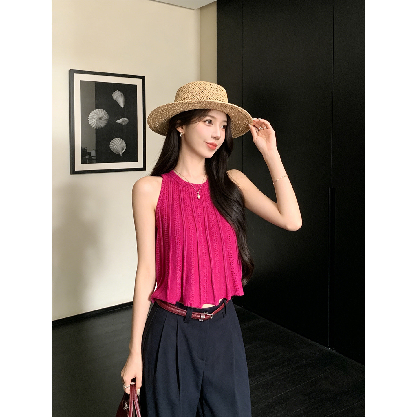 Drawdream 设计感打褶无袖针织背心女装夏季小众短款圆领宽松上衣