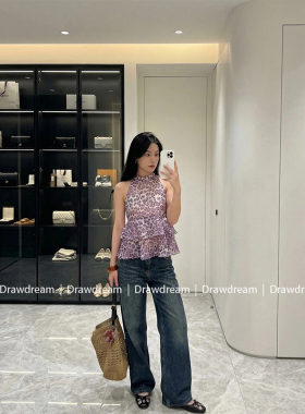 Drawdream 辣妹紫色豹纹挂脖浪边吊带背心女气质修身显瘦无袖上衣