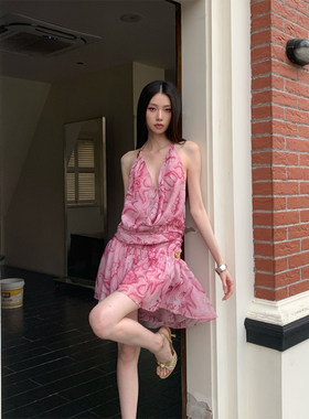 Drawdream 粉色油画印花挂脖连衣裙女夏荡领性感收腰显瘦度假短裙