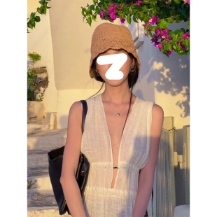 Drawdream 海边度假风连衣裙女性感辣妹V领露背显瘦微透绑带长裙