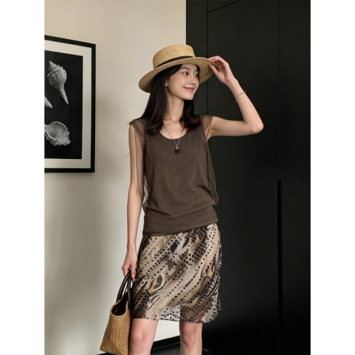 Drawdream 咖色网纱拼接U领背心女小众收腰显瘦无袖百搭气质上衣