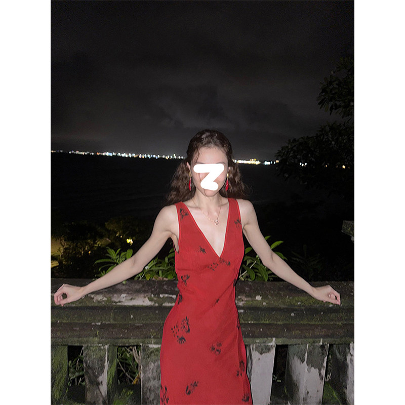 Drawdream 港风复古撞色印花V领无袖连衣裙女高级感收腰显瘦长裙
