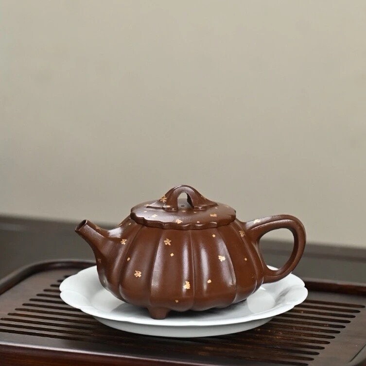 260毫升宜兴紫砂壶手工泡茶壶筋纹石瓢壶一厂老紫泥洒金石瓢壶