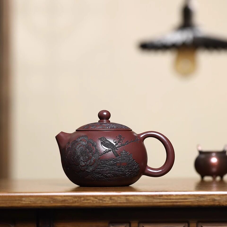 花鸟房子壶原矿紫茄泥西施壶