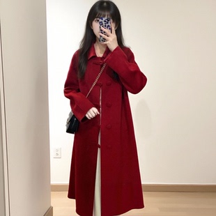 红色高端双面呢羊绒大衣女秋冬新款小个子中长款过膝羊毛呢子外套