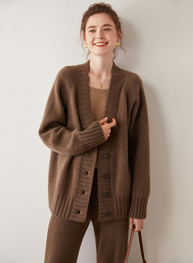 HE MA家款四股织BABY山羊绒针织开衫女V领中长款加厚外套秋冬新款