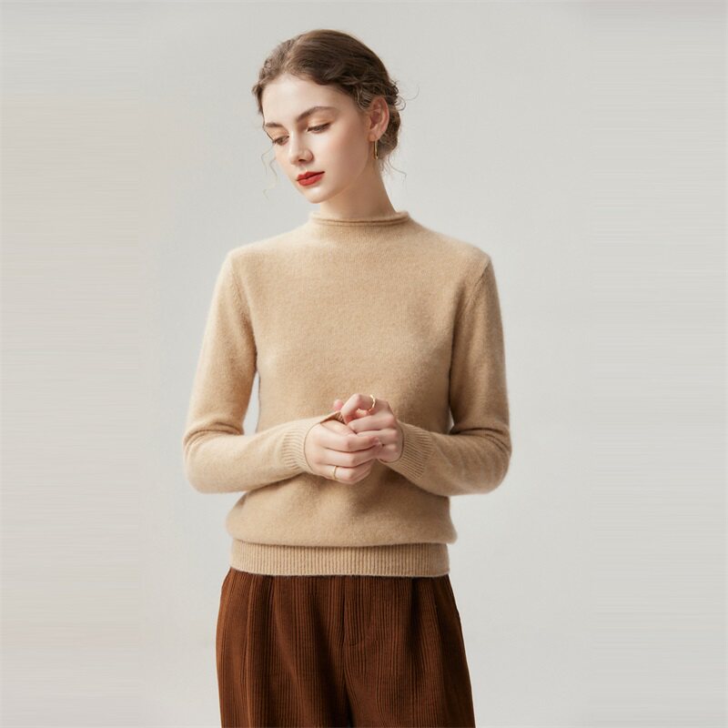 极简风100%纯山羊绒衫女半高领卷边针织加厚打底衫长袖毛衣
