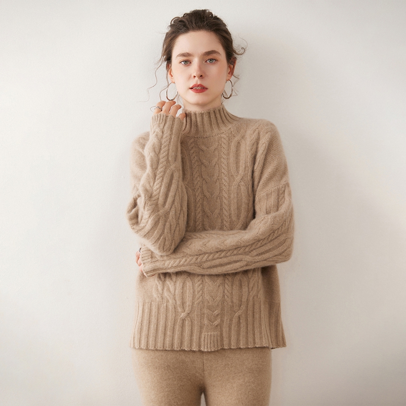 重磅加厚半高领羊绒衫女复古绞花山羊绒毛衣慵懒风宽松纯色针织衫
