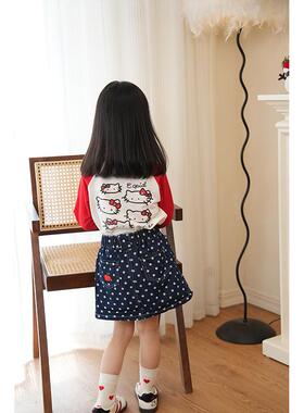 AnyinGirl 春季中小童套装儿童猫咪长袖T恤波点刺绣半身裙两件套