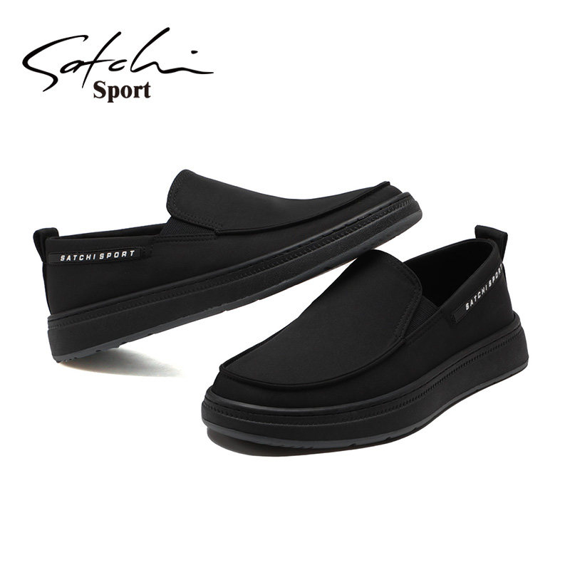 Satchi Sport/沙驰运动男鞋商务休闲布鞋黑色一脚蹬透气百搭板鞋