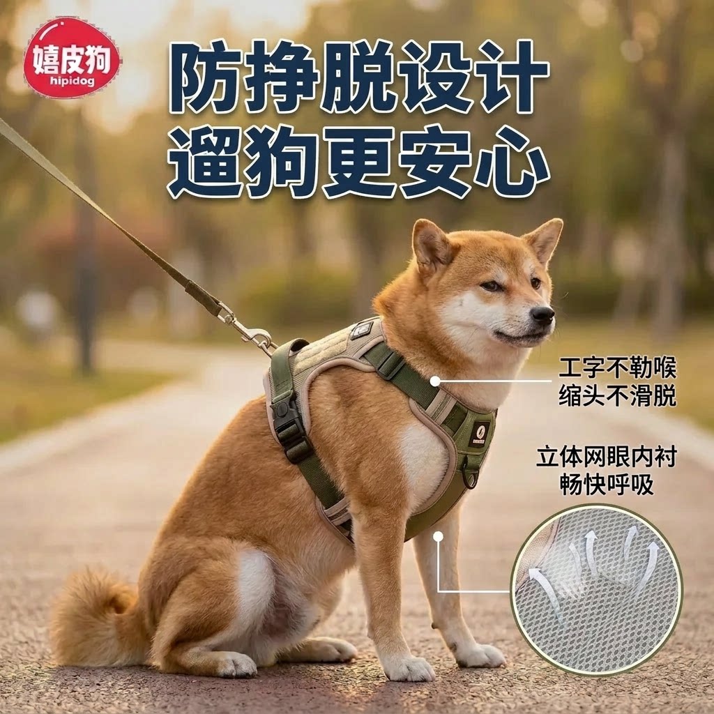 嬉皮狗狗狗牵引绳防挣脱设计胸背带工字不勒脖立体透气网眼遛狗绳