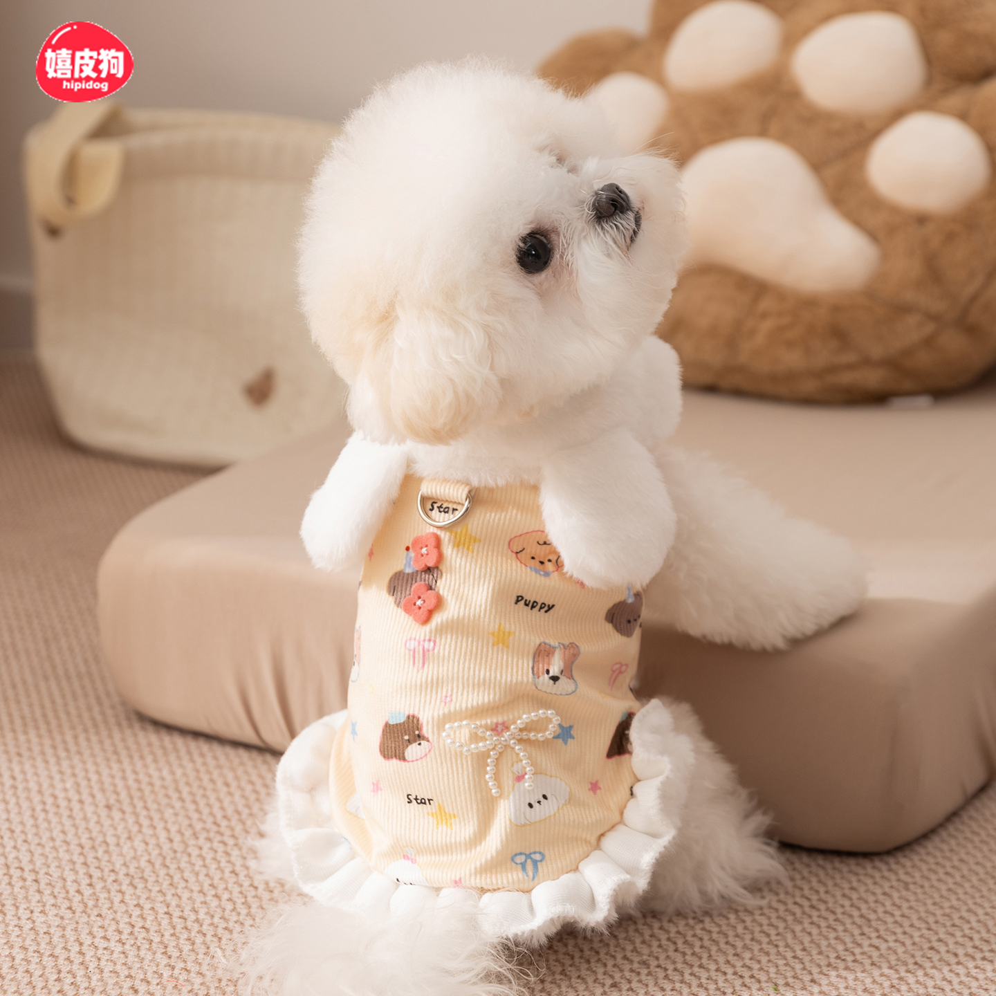 嬉皮狗兔子满印棉裙冬天小狗狗衣服比熊雪纳瑞宠物小型犬博美冬季