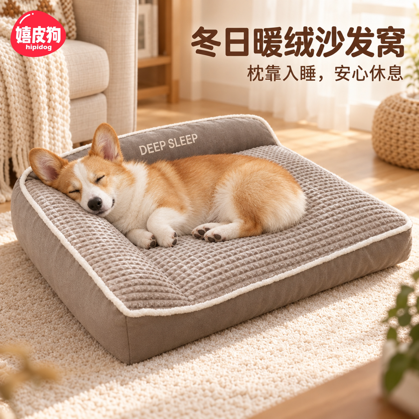 嬉皮狗中大型犬冬季狗窝沙发床大空间绒面靠枕内垫可拆洗宠物睡垫