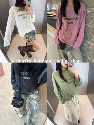 （现）天花板小众设计复古1996数字吊染水洗薄款长袖T恤男女同款